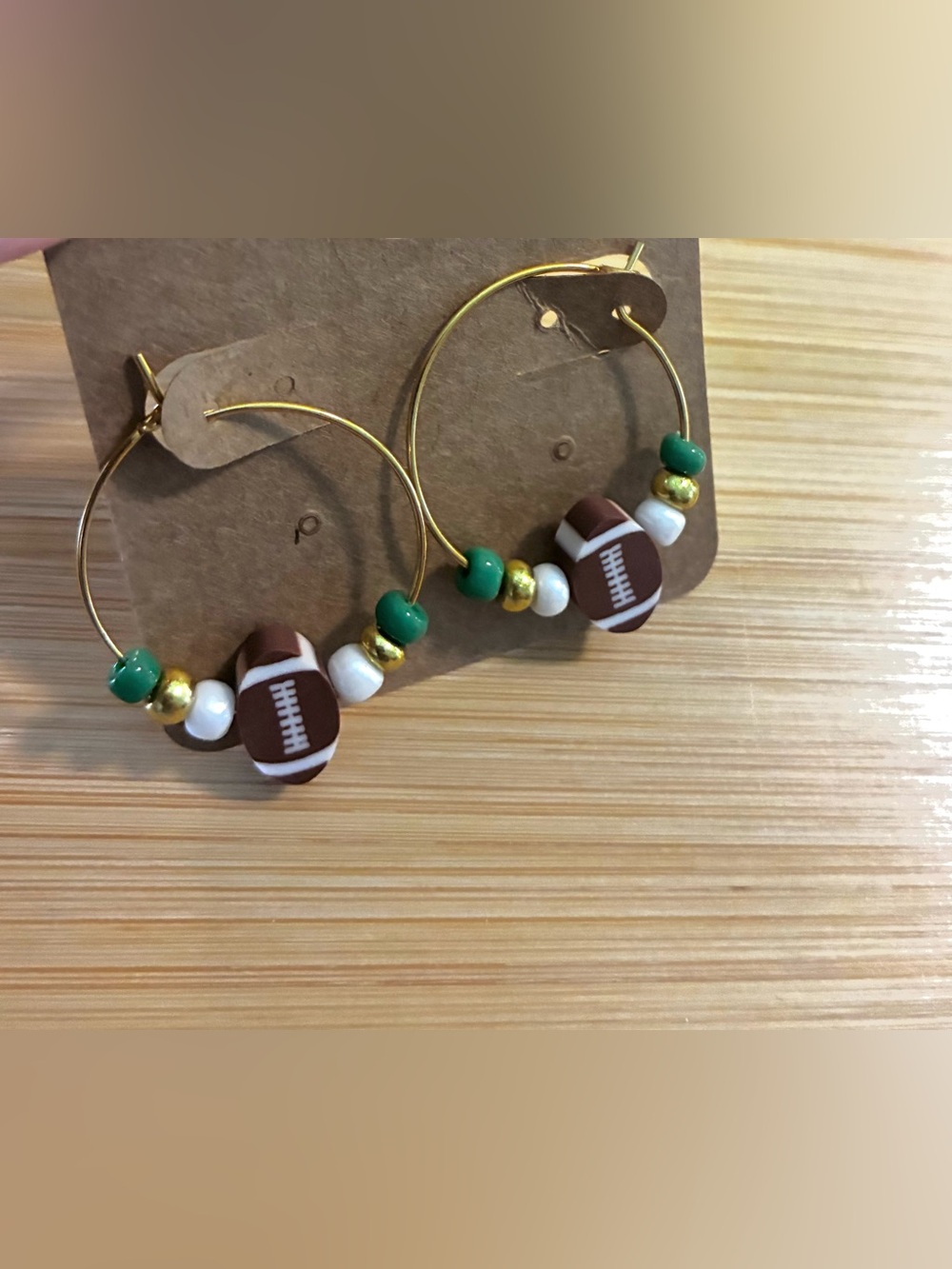 Gold Hoop Earrings with Football Bead and Green Accents - Picture 2 of 3
